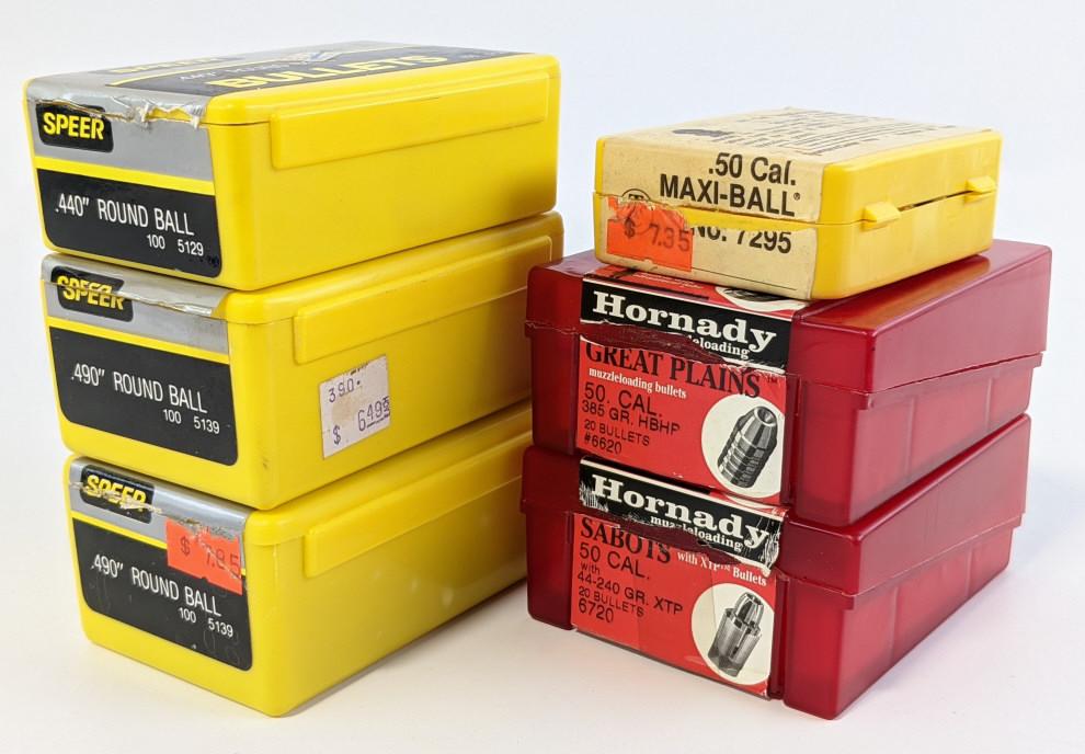 221 Muzzleloader Balls and Sabot's. Includes: (106) Speer .490" Round, (68) Speer .440" Round, (33) Hornady .50 Cal Sabot's, and (14) .50 Cal Maxi-Ball