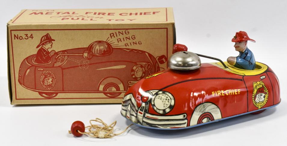 T. Cohn Tin Litho No. 34 Metal Fire Chief w/ Box (1 of 10)