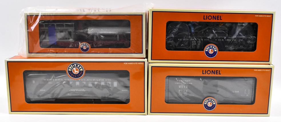 Lionel Gondola Cr, Dining Car, Reefer, and More: Lionel LRRC Western Union gondola with handcar and cable reels #6-26089, LRRC Western Union dining car #6-19685, LRRC Western Union woodsided reefer #6-26165, and LRRC #3413 Mercury capsule launching 