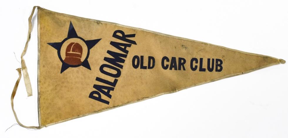 Early Palomar Old Car Club Canvas Pennant: Unique early Palomar Old Car Club canvas pennant with flocked lettering and graphics. Appears to be in overall good condition with discoloration, flocking loss, and wear from use and age. It measures 