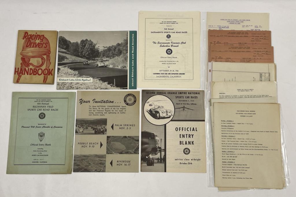 1950s California Road Race Entry Booklets & More: Lot of original 1950s California Road Race entry / invitation booklets, rule book, and more. Items have discoloration and wear from age and storage. Display well. Largest booklet measures approximatel