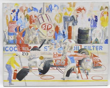 1973 STP Indy 500 Pit Stop Ron Burton Original Art: Original acrylic on canvas painting of the 1973 Indy 500 Gordon Johncock STP No.20 Indy Car pit stop by well known artist Ron Burton. The painting features the no.20 STP car and its pit crew. It 