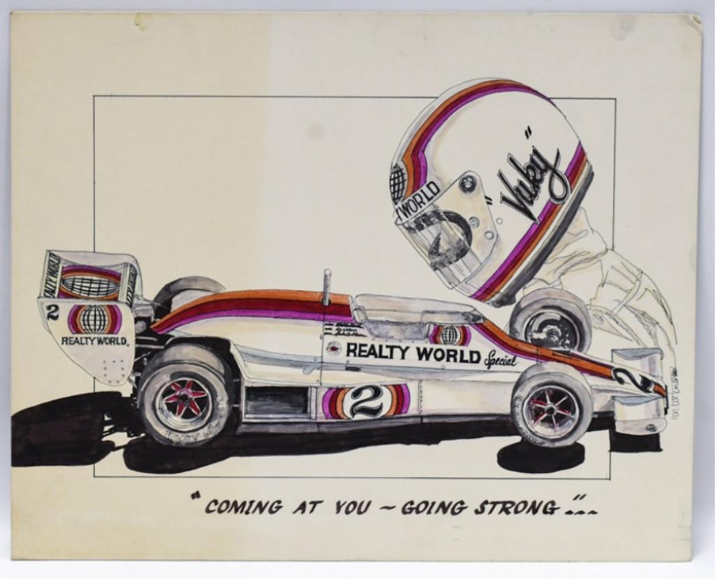 Bill Vukovich Indy Racing Orig Art By Ron Burton: Bill Vukovich Indy Car racing original mixed media art on board by well known artist Ron Burton. Signed and dated 1980. Does have discoloration, and wear from age and storage. Comes from the estate of