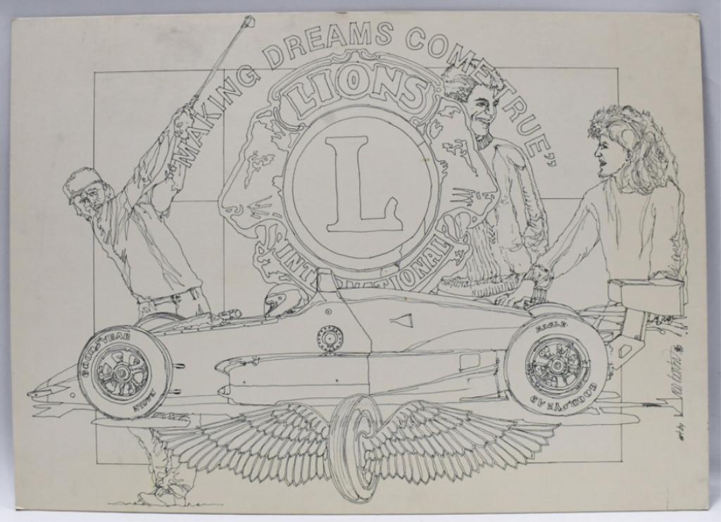 Lions Club Indy 500 Original Art By Ron Burton: Lions Club Iny 500 racing original sketch art on board by well known artist Ron Burton. Signed and dated 1989. Does have discoloration and wear from age and storage. Comes from the estate of Ron Burto