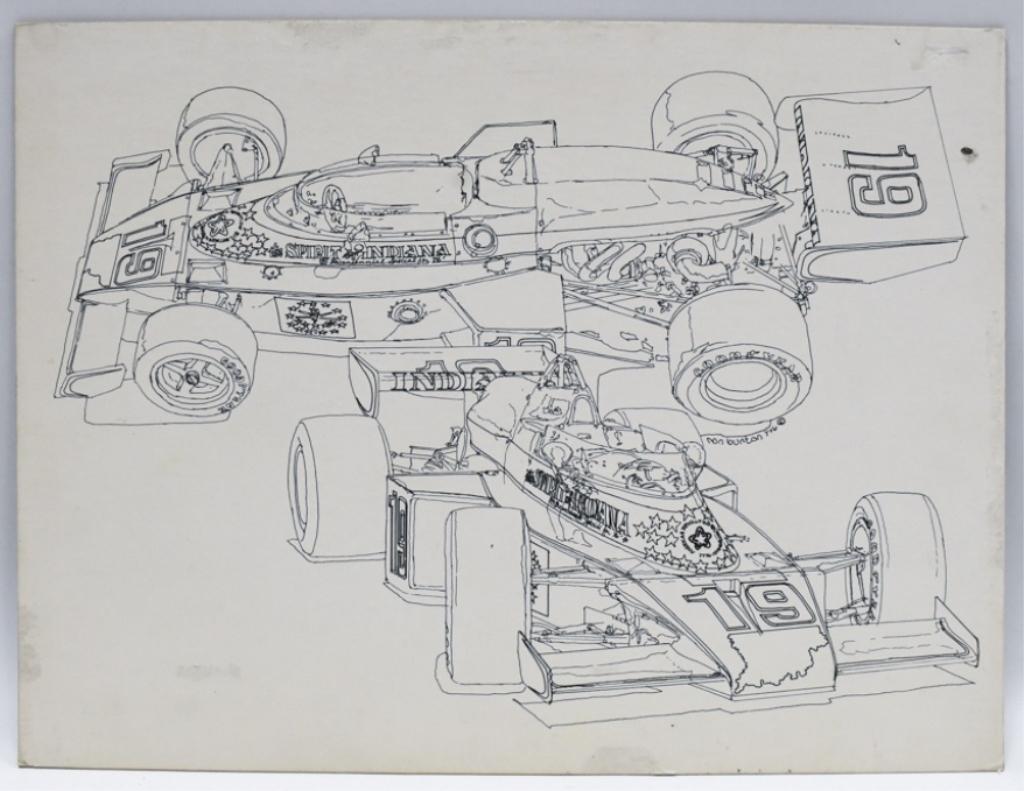 1976 Spirit Of Indiana Original Art By Ron Burton: 1976 Spike Gehlhausen's Spirit Of Indiana Indy car original sketch art on board by well known artist Ron Burton. Signed and dated 1976. Does have discoloration and wear from age and storage. Comes fro
