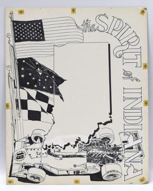 Spirit Of Indiana Original Art By Ron Burton: Spike Gehlhausen's Spirit Of Indiana Indy car original sketch art on board by well known artist Ron Burton. Signed and dated 1975. Does have discoloration and wear from age and storage. Comes from the