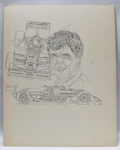 Bernard Jourdain Racing Orig Art By Ron Burton: Bernard Jourdain Indy Racing original sketch art on board by well known artist Ron Burton. Unsigned. Does have discoloration and wear from age and storage. Comes from the estate of Ron Burton. Overall