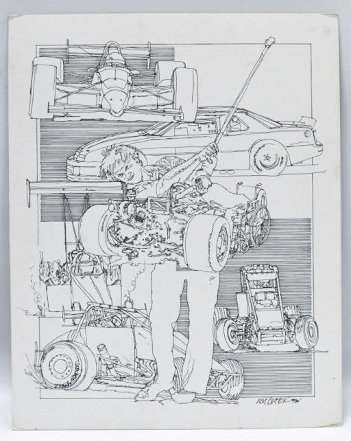 1994 Ron Burton Original Racing Art On Board: Racing themed original sketch art on board by well known artist Ron Burton. Signed and dated 1994. Does have discoloration and wear from age and storage. Comes from the estate of Ron Burton. Overall i