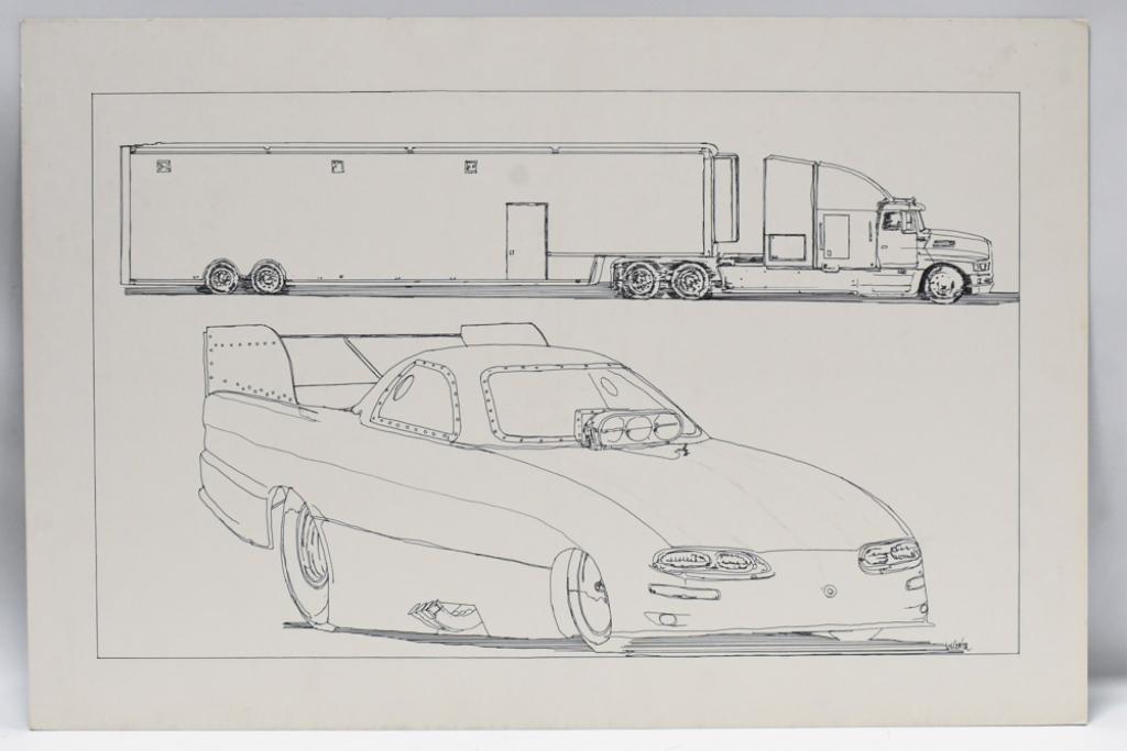 Funny Car Drag Racing Original Art By Ron Burton: Funny Car drag racing original sketch art on board by well known artist Ron Burton. Signed. Does have discoloration and wear from age and storage. Comes from the estate of Ron Burton. Overall it measu