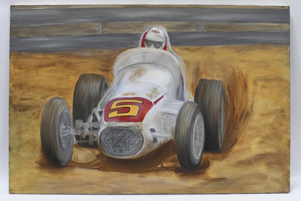 AF Retzloff Racing Original Art by Ron Burton: A.F. Retzloff racing original acrylic on canvas painting by well known artist Ron Burton. Unsigned. Comes from the estate of Ron Burton. Does have some wear from display and storage. Displays well. Ov