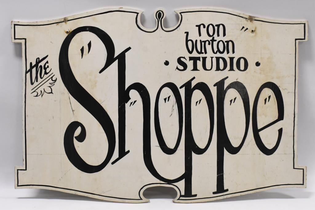 Ron Burton's Studio The Shoppe Original Sign: Ron Burton Studio " The Shoppe" hand painted original wooden sign. This sign was hand made and painted by Ron Burton. It hung in his studio. Has paint loss, discoloration, and wear from use and age. D