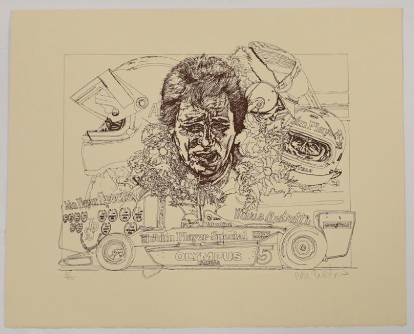 Mario Andretti Racing LE 5/35 Print By Ron Burton: Mario Andretti Racing limited edition 5 of 35 print by Ron Burton. Appears to be in good condition with some wear from age and storage. It is signed by Ron Burton in the lower right corner. Comes from