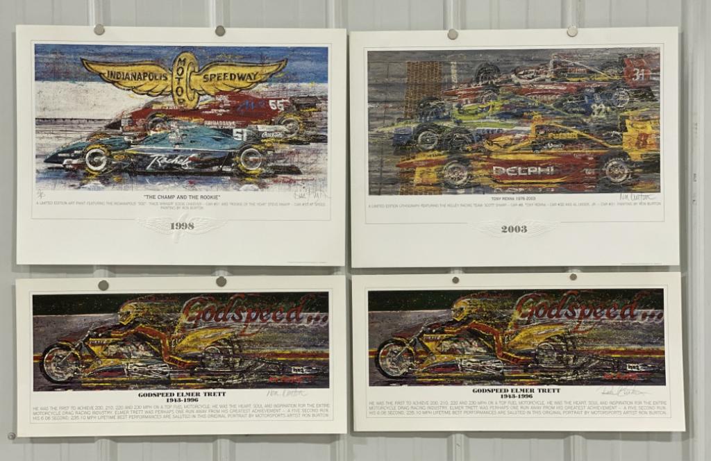 (4) Ron Burton Limited Edition Racing Art Prints: Lot of four Ron Burton Limited Edition racing art prints. They appear to be in good condition with some discoloration and wear from age and storage. Comes from the estate of Ron Burton. The largest me