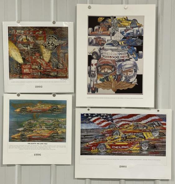 (4) Ron Burton Limited Edition Racing Art Prints: Lot of four Ron Burton Limited Edition racing art prints. They appear to be in good condition with some discoloration and wear from age and storage. Comes from the estate of Ron Burton. The largest me