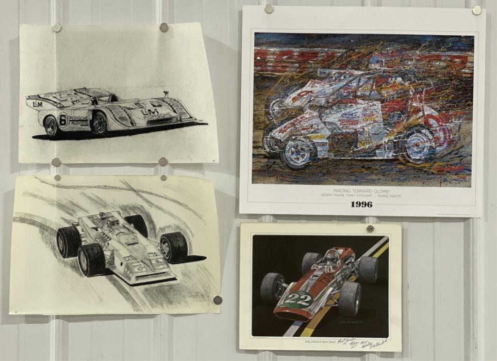 Lot Of Ron Burton Auto Race Art Prints & More: Lot of Ron Burton automotive racing related art prints and more. Items vary in age and condition. All display very well. Comes from the estate of Ron Burton. Largest piece measures approximately 21" a