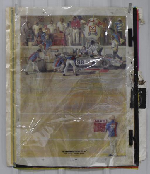 Ron Burton's " Teamwork In Action" Negative Art: Unique original 3-color negative used in the process of making Ron Burton's " Teamwork In Action" artwork into a print. Has some damage, discoloration, and wear from age and storage. Still displays ve