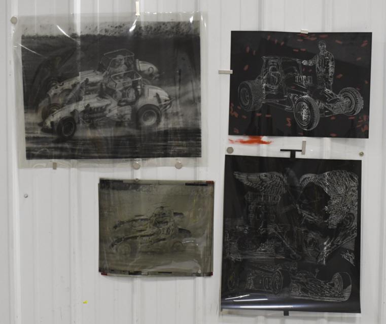 (4) Ron Burton Auto Racing Art Print Negatives: Lot of four unique negative sets for Ron Burton auto racing art prints. Sets wear from age and storage. Still display extremely well. Comes from the estate of Ron Burton. Largest set measures approxim