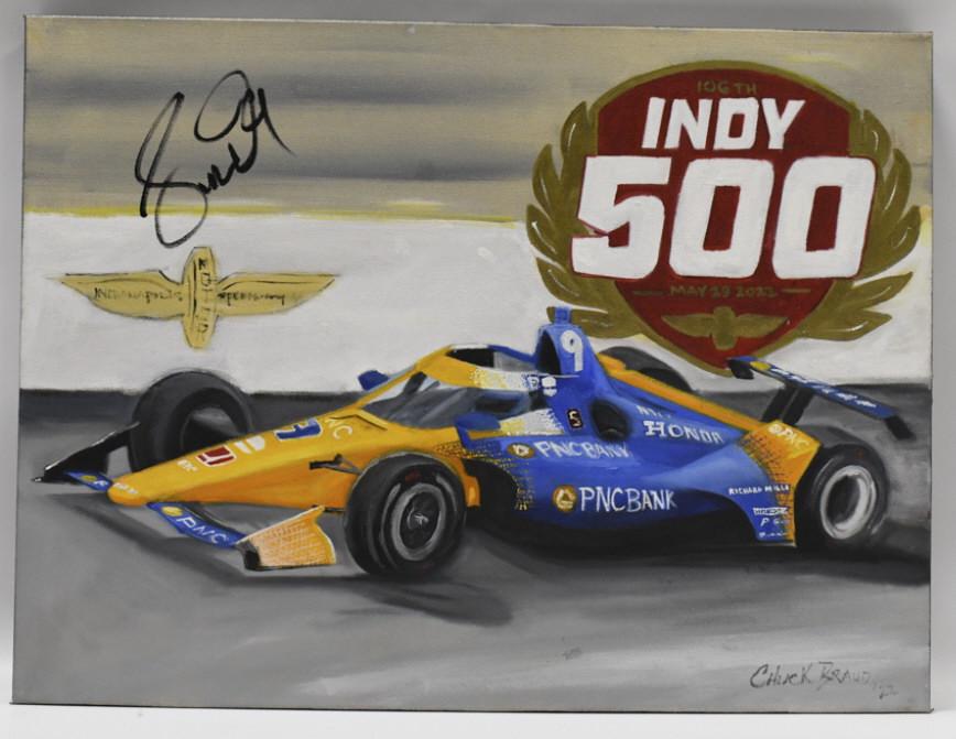 2022 Scott Dixon 500 Orig Art By Chuck Braud: 2022 Scott Dixon Indy 500 original oil on canvas art by Chuck Braud signed by Scott Dixon. Appears to be in nice condition with some light wear from display and storage. Overall it measures approximat