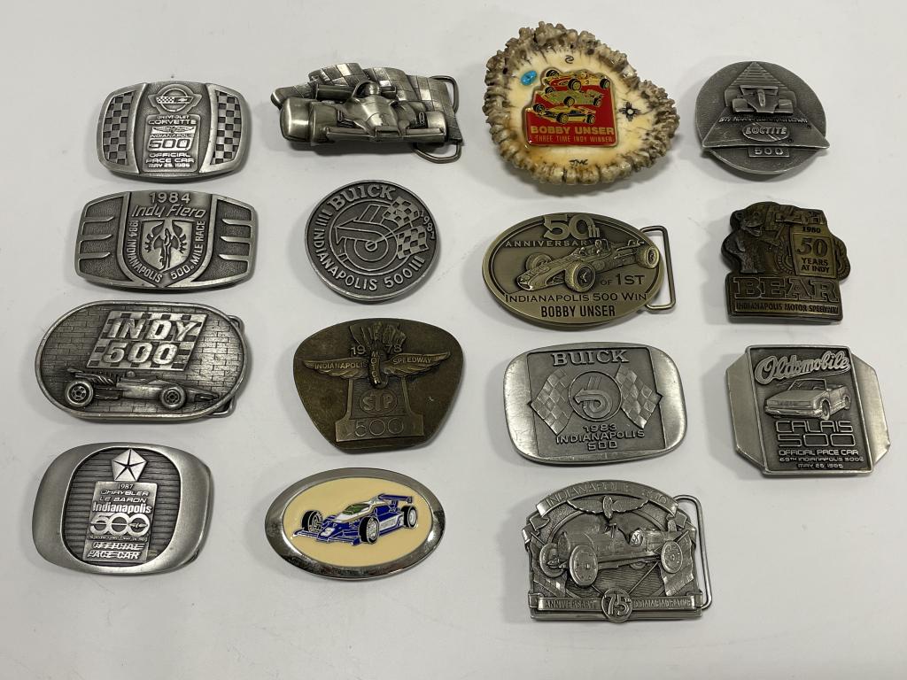 (15) Indianapolis 500 Belt Buckles: Lot of 15 indianapolis 500 belt buckles. Buckles appear to be in good ocndition with some weare from use and age. Comes from the private collection of Bobby Unser. Largest measures approxiamtely 4" ac
