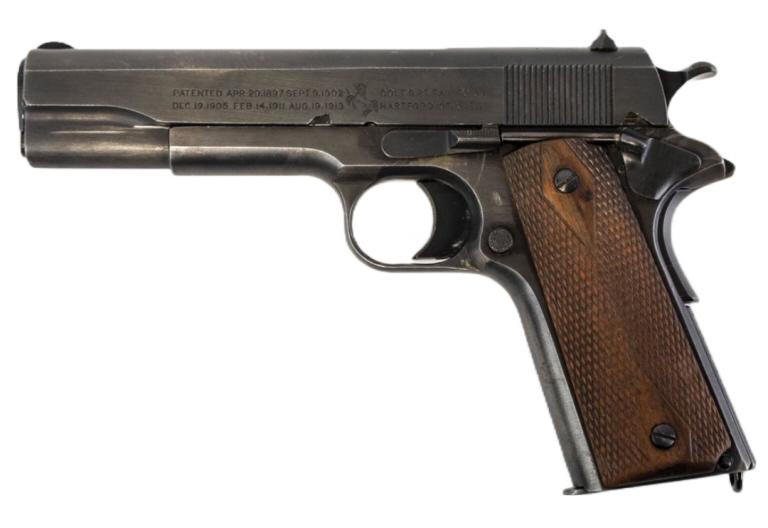 WW1 Colt Model Of 1911 U.S. Army .45 ACP Pistol: WW1 1918 Colt Model of 1911 U.S. Army semi-automatic pistol in .45 ACP. The blue finish pistol has a 5" barrel and is in nice condition. Marked United States Property. SN: 524733. FFL required for tra