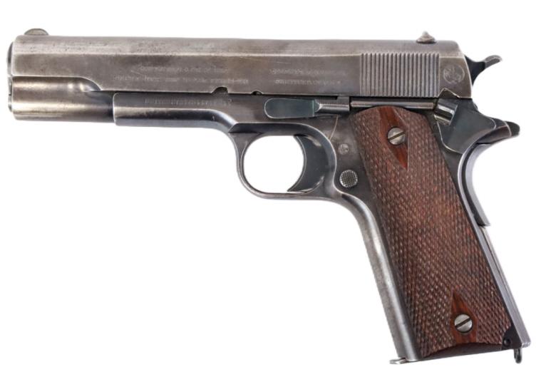 WW1 Colt Model Of 1911 U.S. Army .45 ACP Pistol: WW1 1913 Colt Model of 1911 U.S. Army semi-automatic pistol in .45 ACP. The blue finish pistol has a 5" barrel and is in nice condition. Marked United States Property. SN: 20568. FFL required for tran