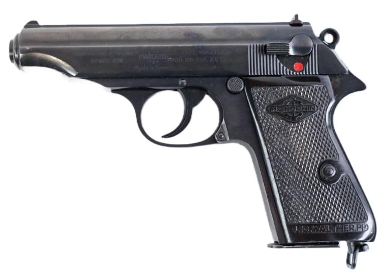 French Manurhin PP Semi-Auto .32 Auto Pistol: French Manuhin Model PP semi-automatic pistol in .32 Auto. The blue finish pistol is in near new condition and has a 4" barrel. Comes with two magazines in the original box. SN: 56519. Requires FFL tr