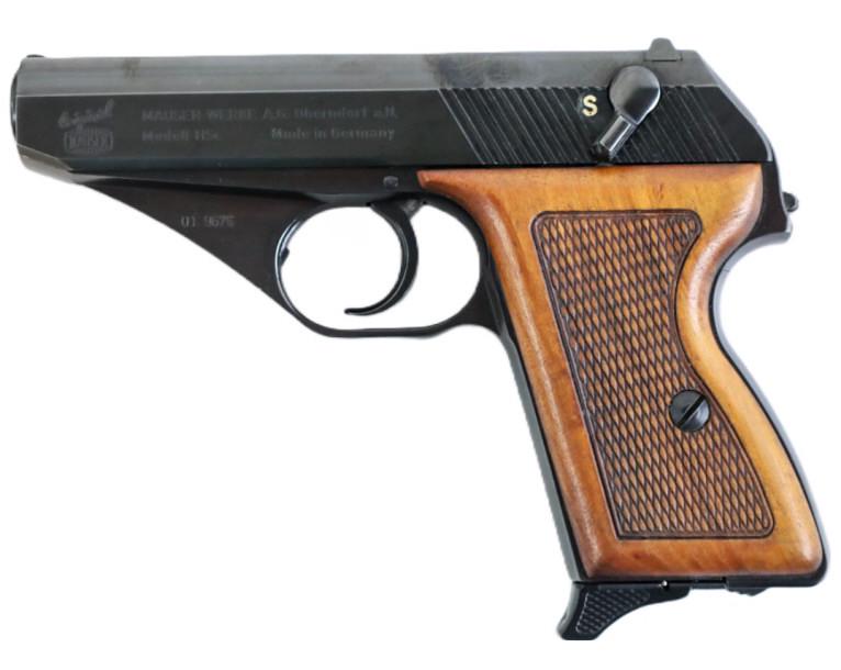 German Mauser HSc .380 ACP Semi-Automatic Pistol: German Mauser HSc semi-automatic competition pistol in .380 ACP. The blue finish pistol is in like new condition and has a 3-1/4" barrel. Comes in wood display case box with two magazines. SN: 019676.