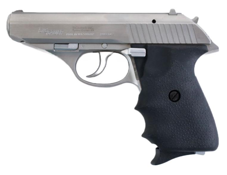 Sig Sauer P230SL .380 Auto Semi-Auto Pistol In Cas: German Sig Sauer P230SL semi-automatic pistol in .380 Auto. The brushed stainless pistol is in like new condition and has a 3-5/8" barrel. Comes in Sig Sauer hard plastic case. SN: S005023. Requires F