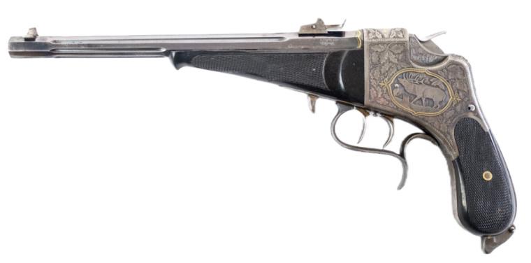 Antique K. Pfund 5mm Breech Loading Target Pistol: Very nice German K. Pfund Mannhein breech loading target pistol in 5mm. The pistol is highly engraved with gold accents and the date of manufacture can be traced between 1840 -1870. The octagon tip-up