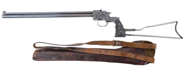 Marble's Game-Getter Model 1908 Combination Gun: Marble's Game -Getter Model 1908 over & under combination gun in .22 and .44 Caliber. The blue finish gun has a folding skeleton stock and is in very nice used condition. Comes in a custom fitted disp