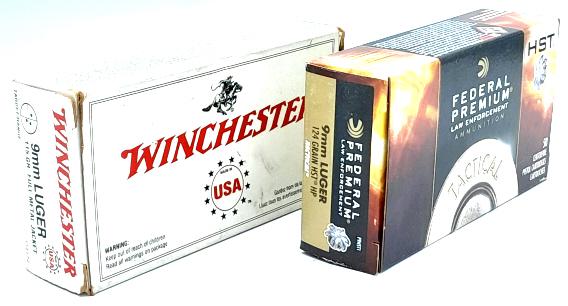 100 Rounds Winchester & Federal 9mm Cartridges: Lot includes (50) Federal Premium Law Enforcement 124 Grain HST HP and (50) Winchester 115 Grain FMJ.