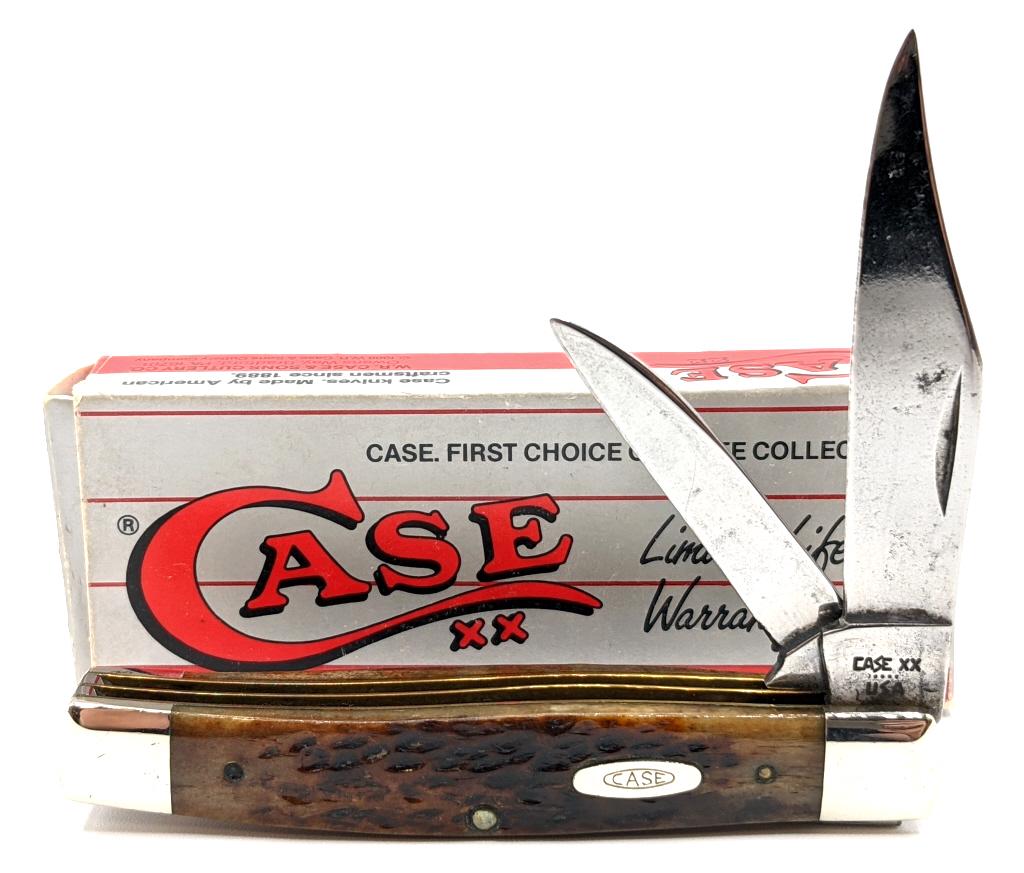 1985 Case XX Texas Jack 6292 w/ Green Bone Handle: 1985 Case XX Texas Jack 6292 w/ Green Jigged Bone Handle Scales. Knife is in used condition with pitting on the blades from age and use and w/ box. Largest blade length of 2-3/4in and overall length o