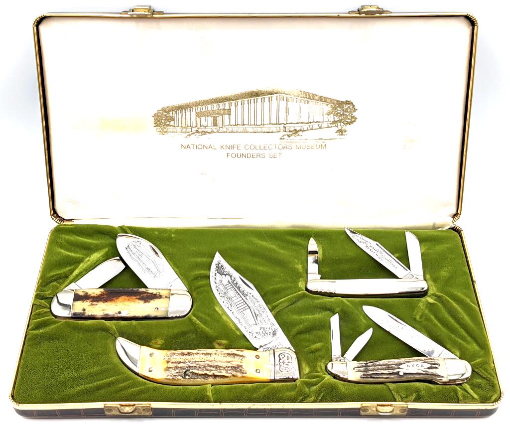 1980 Limited NKCA Museum Founders Set w/ Case: 1980 Limited NKCA Museum Founders Set No. 0187 of 2600 w/ Case. Set includes a variety of brand and style knives from 1980 including Case Elephants Toe, Schrade Large Folding Hunter, Fight'n Rooster S