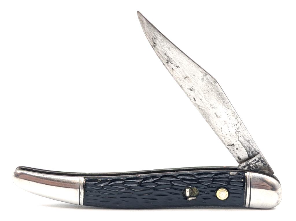 Hammer Brand Fishing Switchblade: Hammer Brand Fishing Switchblade w/ Jig Synthetic and Metal Handle. Knife is in worn condition with some pitting and finish loss on the blade and scuffs on the bolsters. Spring mechanism works. Blade 