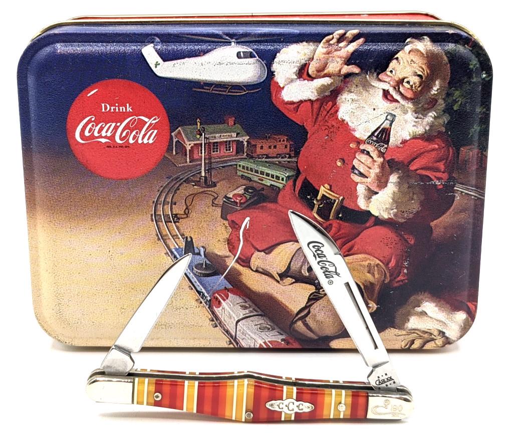 2003 Case XX Limited Coca-Cola Candystripe Tuxedo: 2003 Case XX Limited Collectors Coca-Cola Candystripe Tuxedo No. 190 w/ Tin and Collectors Medallion. Knife features Coca-Cola logo etched onto main blade, and Case XX logo and production number engra