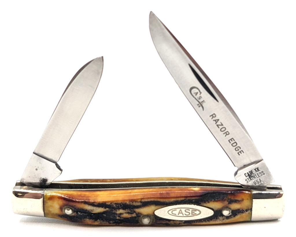 1965-69 Case XX Stag Small Stockman 5233: 1965-69 Case XX Stag Small Stockman 5233. Knife features Case XX logo etched onto main blade and the phrase "Razor Edge". Knife is in very nice condition with minor scuffs on bolsters from handling an