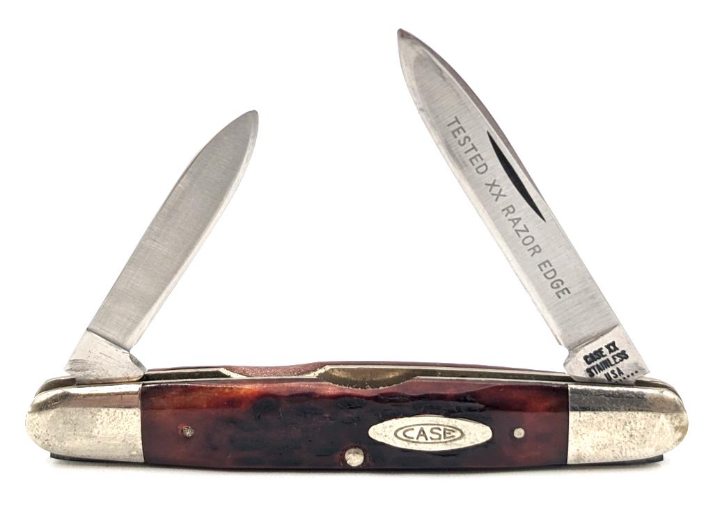 1971 Case XX Jig Bone Eisenhower 06263: 1965-69 Case XX Jig Bone Eisenhower 06263. Knife is in worn condition requiring polishing with scuffs on bolsters and blades from age and handling. Largest blade length of 1-7/8in and overall length o