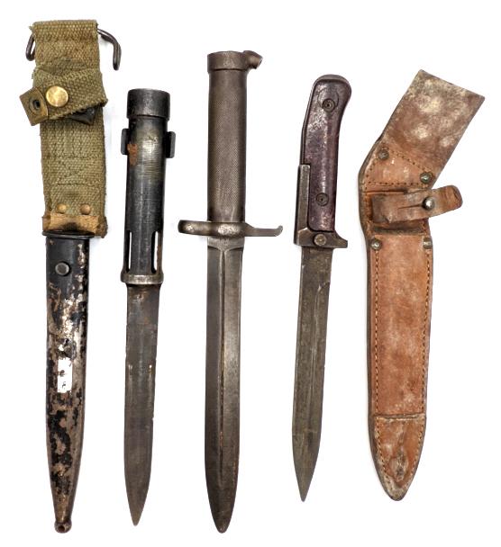 Czech VZ58 Bayonet, Swiss Mauser, and Unk Bayonet: Czech VZ58 Bayonet, Swiss Mauser, and Unk Bayonet. Knives are in worn condition from age and use. Largest blade length of 8in and overall length of 12-3/4in.