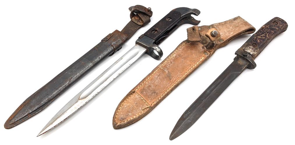Russian AK-47 Bayonet w/ Frog & Czech VZ58 Bayonet: Russian AK-47 Bayonet w/ Frog & Czech VZ58 Bayonet. Knives are in worn condition from age and use. Largest blade length of 8in and overall length of 12-1/4in.