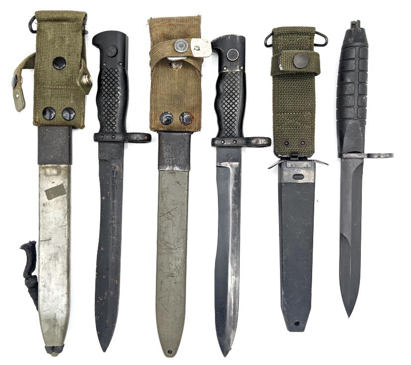 (2) Spanish Toledo Bayonets and Unk Bayonet: (2) Spanish Toledo Bayonets and Unk Bayonet. Knives are in worn condition from age and use. Largest blade length of 8-7/8in and overall length of 13-1/2in.