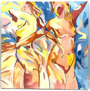 1988 Chase Langford "Two Images of Her" Oil: 1988 Chase Langford "Two Images of Her" Santa Monica. Oil on Canvas Measuring 36in x 35.5in. Nude work of woman.