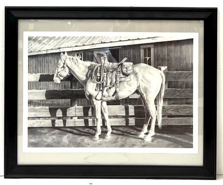 Robert Hudson Signed Print 42/1250: Robert Hudson Signed Print 42/1250 " Please.. Just Five more Minutes" Saddled Horse with Building in the background. With Certificate of Authencity. 32"x26" Framed and Matted.