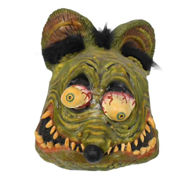 Vintage Don Post Ed Roth Rat Fink Mask: Vintage Don Post Ed Roth Rat Fink rubber / latex mask. Mask is in worn / damaged condition with dried rubber discoloration, damage, and other wear from use, age, and storage. Still displays well.