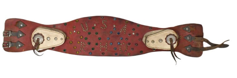 Vintage Buco Custom Jeweled Leather Kidney Belt: Original vintage Buco custom leather jeweled / studded kidney belt. Appears to be in overall fair condition with some damaged straps and wear from use and age. Not including straps it measures approxi