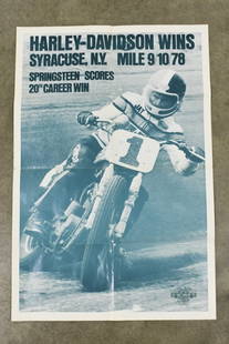 1978 Harley-Davidson Jay Springsteen Race Poster: Original 1978 Harley-Davidson Dealership Jay Springsteen Syracuse New York mile motorcycle race posters. Appears to be in overall good condition with expected fold marks, some discoloration, moisture