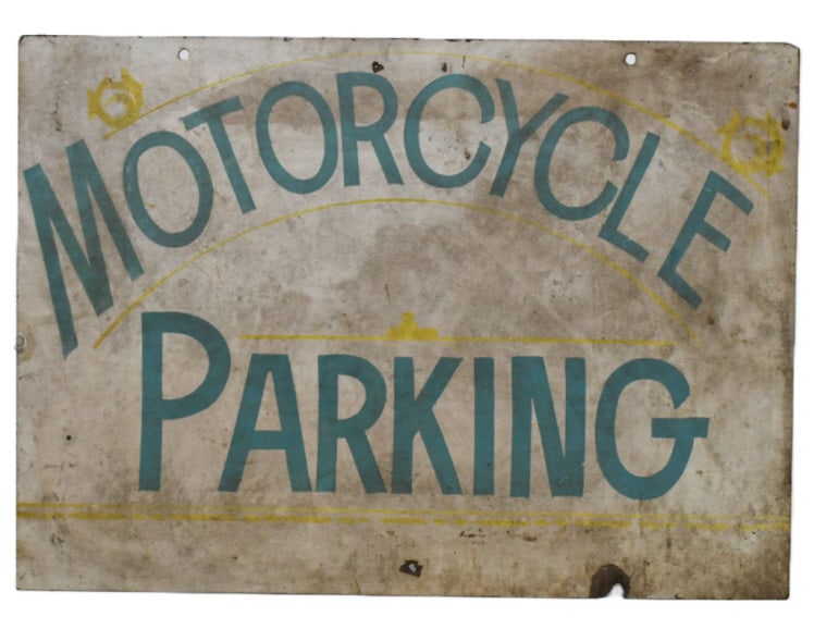 Vintage Motorcycle Parking Masonite Sign: Vintage single sided masonite hand painted motorcycle parking sign. Has paint loss, doscoloration, edge damage, and wear from use and age. Displays well with a nice look. It measures approximately 28"