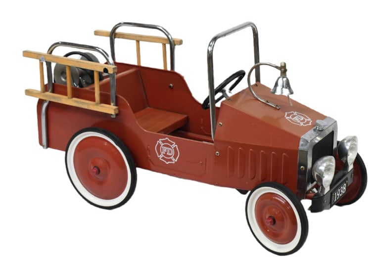 Contemporary 1938 Hot Rod Fire Truck Pedal Car: Unique contemporary 1938 hot rod fire truck. It features a metal body, wood ladders, and chromed accents. It does have faded paint, light surface rust in areas, scratches, and wear from use and storag