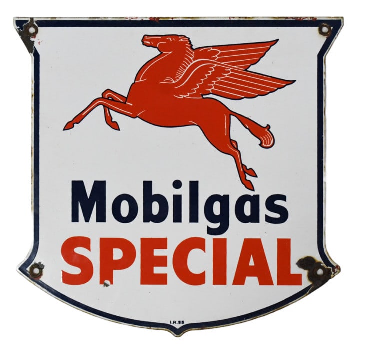 Vintage SSP Mobilgas Special Pump Plate Sign: Vintage single sided porcelain Mobilgas Special pump plate advertising sign. Has some porcelain loss around grommets, discoloration, and wear from use and age. It measures approximately 12" tall by 12