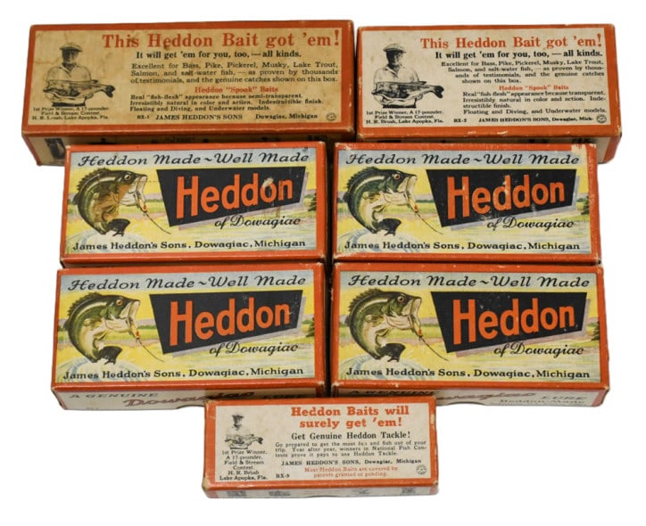 Vintage Heddon Dowagiac Fishing Lure Boxes: Lot of vintage original Heddon Dowagiac Fishing Lure boxes. Lot includes boxes for a Crazy Crawler, Flaptail Jr., Surface, Weedless Widow, and more. Boxes vary in condition and age but display well. T