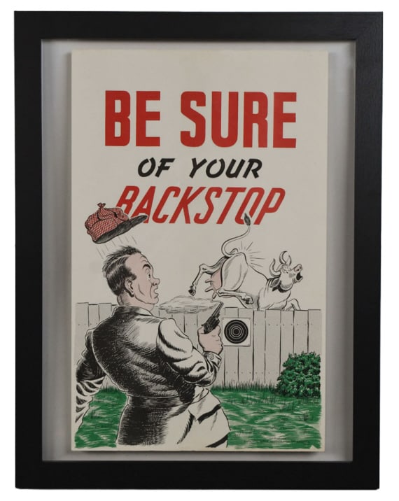 1940s NRA National Rifle Assoc Gun Safety Poster: Original 1940s National Rifle Association "NRA" gun safety propaganda advertising poster. Appears to be in nice condition with some discoloration and wear from age and storage. Has been nicely framed.